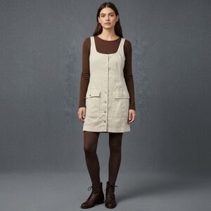 GAP Tan Utility Button Front‎ Pinafore Dress Size L Bib Jumper Overall Y2K 90's